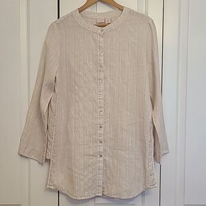 St. Tropez West Long Sleeve Button Down 100% Linen Tunic Blouse Top Size M
